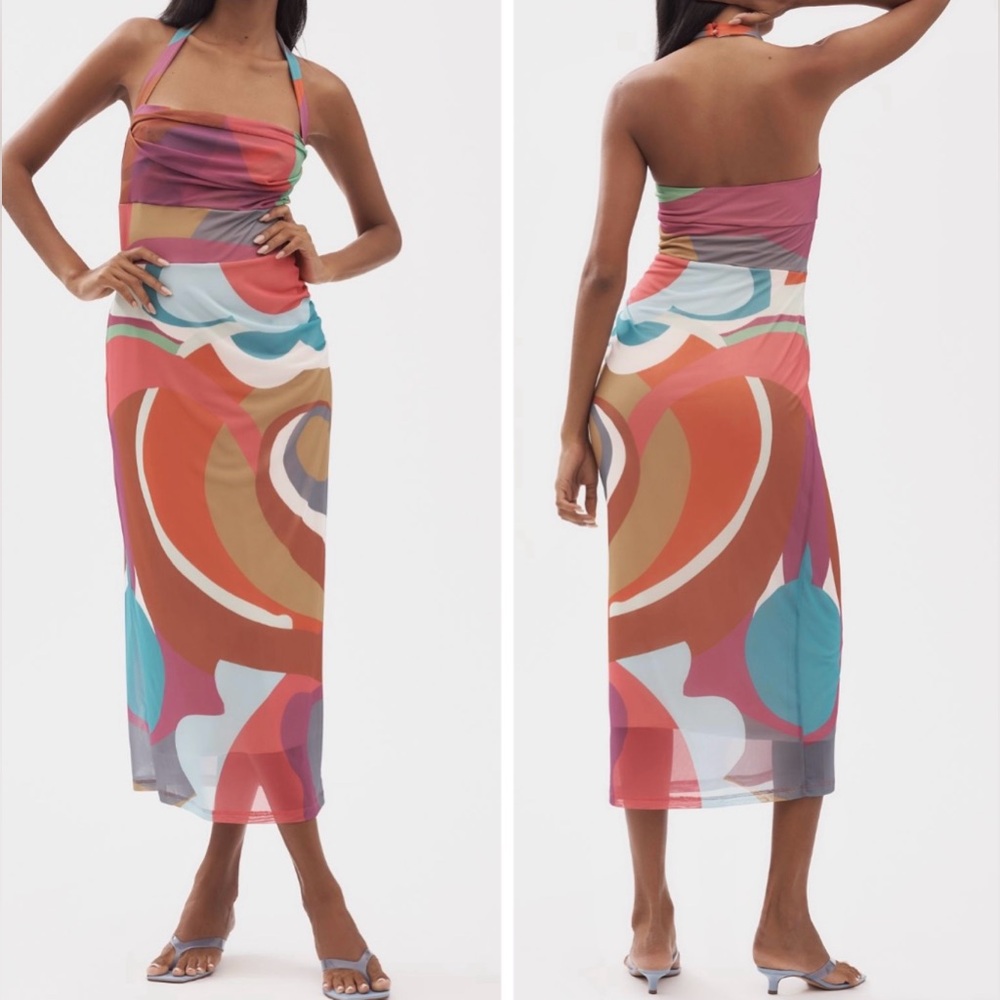 Anthropologie Square-Neck Halter Mesh Midi Dress